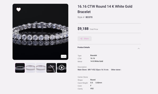 Lab Diamond 5.00mm - 16.16 CTW Round 14K White Gold Bracelet