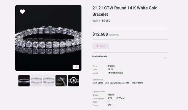 Lab Diamond 5.70mm - 21.21 CTW Round 14K White Gold Bracelet