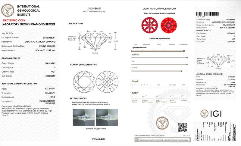 USA IGI Lab-Grown 1.00CT D VS1