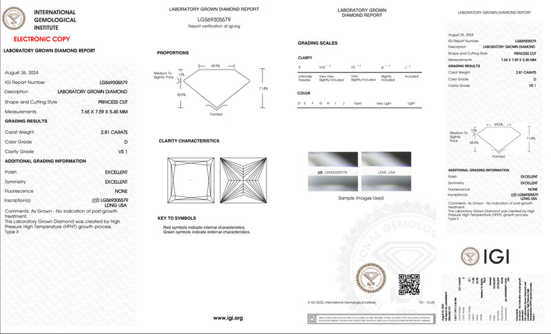 USA IGI Lab-Grown Princess 2.81ct D VS1