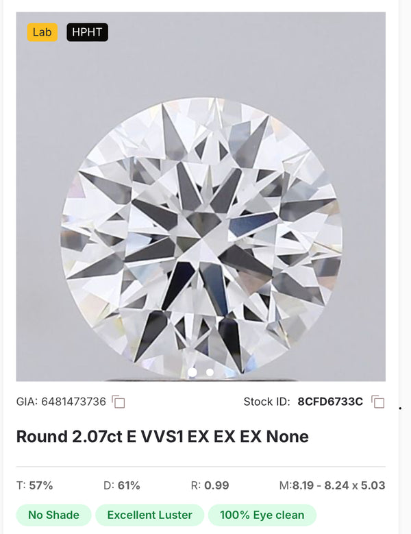 GIA Lab Grown 2.07ct ROUND Diamond