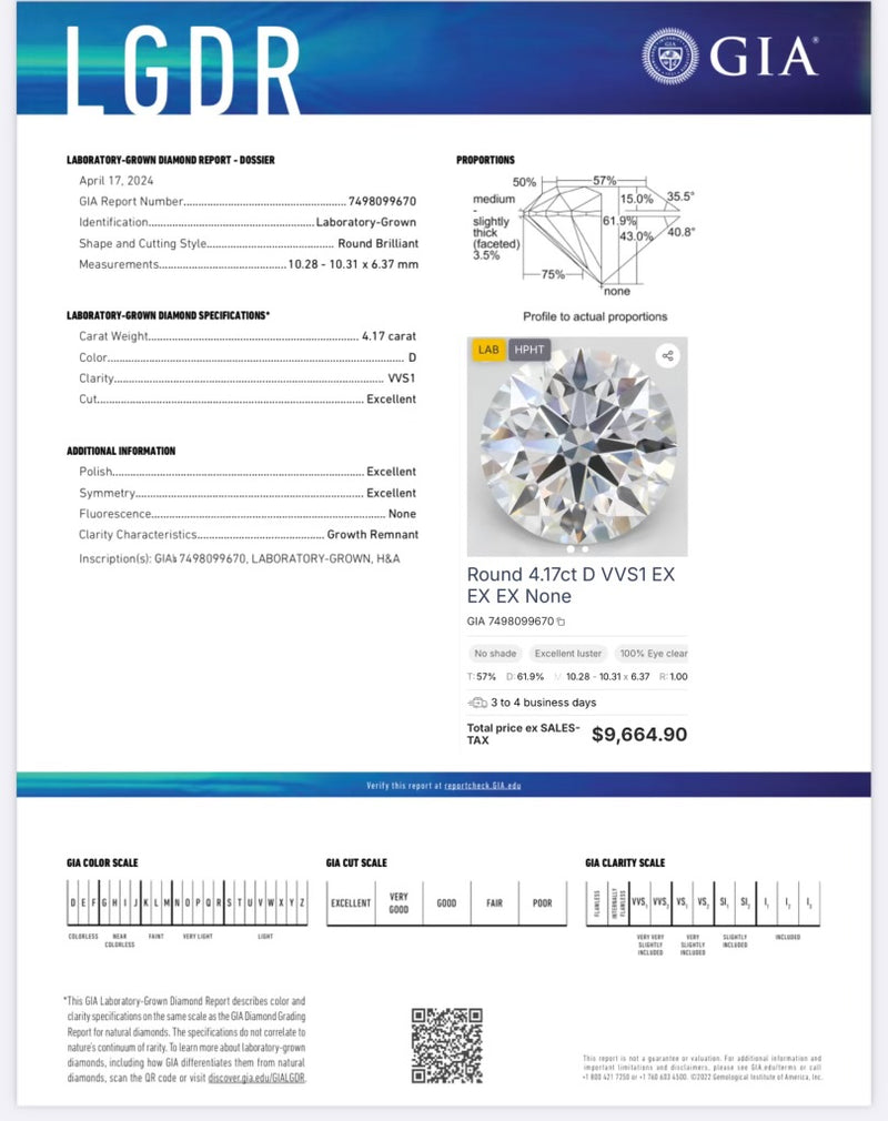 GIA LDNG Round 4.17ct D VVS1 EX EX EX None